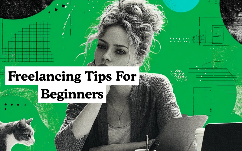 A woman sitting at a desk with a laptop, looking thoughtful, with a cat nearby and the text “Freelancing Tips For Beginners” on a green background.