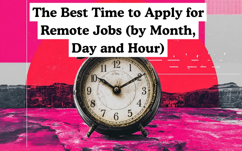 Vintage clock centered on a pink and gray background with text above reading “The Best Time to Apply for Remote Jobs (by Month, Day and Hour).”