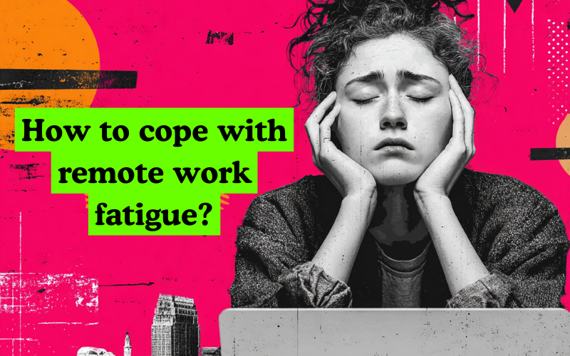 A digital collage of a tired young woman resting her face in her hands with eyes closed, sitting in front of a laptop against a bright pink background with abstract shapes and city buildings.