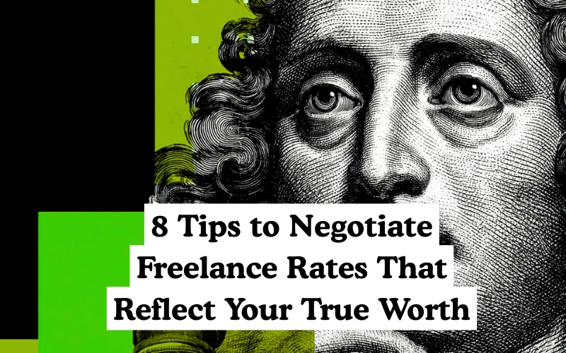 Close-up of a black-and-white engraved face over green shapes, with a bright pink banner headline: “8 Tips to Negotiate Freelance Rates That Reflect Your True Worth.”