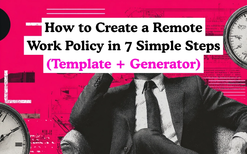 Bold graphic with text: “How to Create a Remote Work Policy in 7 Simple Steps (Template + Generator)” over a pink background with clocks and a man in a suit.