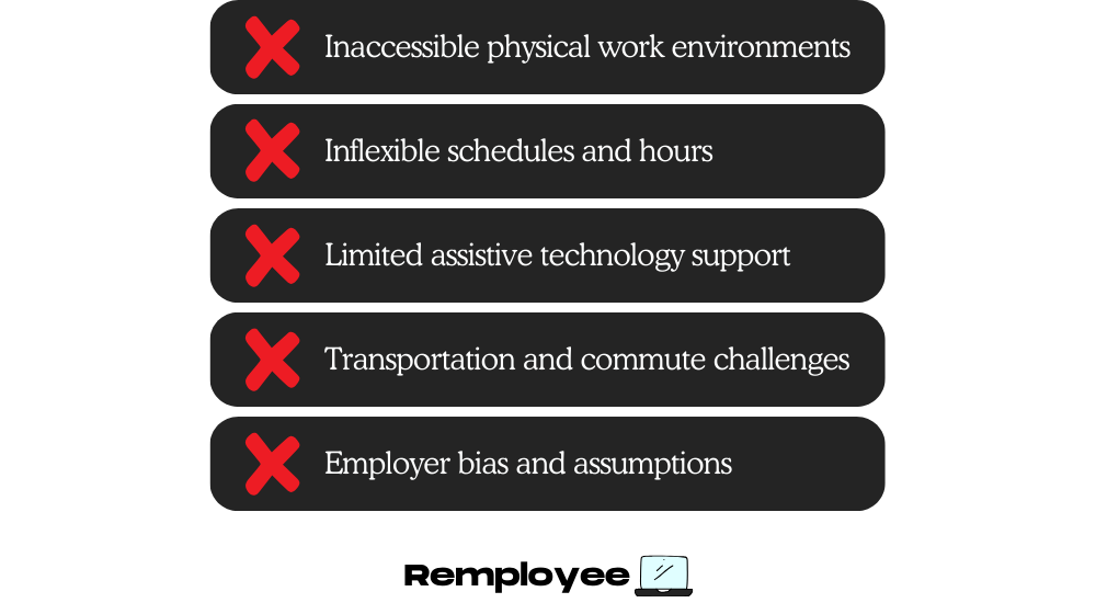Infographic with red X icons listing workplace barriers for people with disabilities: inaccessible environments, inflexible schedules, limited assistive technology, transportation challenges, and employer bias.