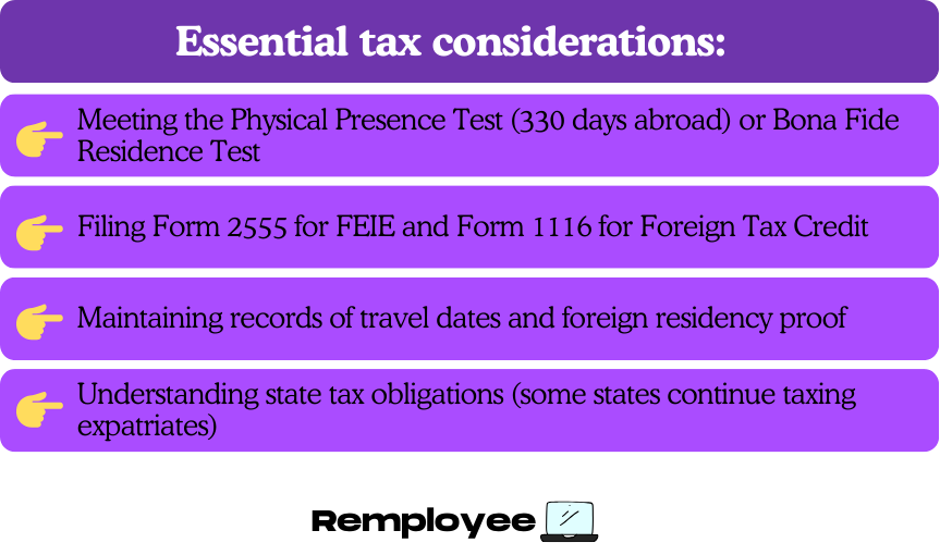 A purple infographic listing essential tax considerations for U.S. citizens working abroad, including residency tests, forms, records, and state tax rules.