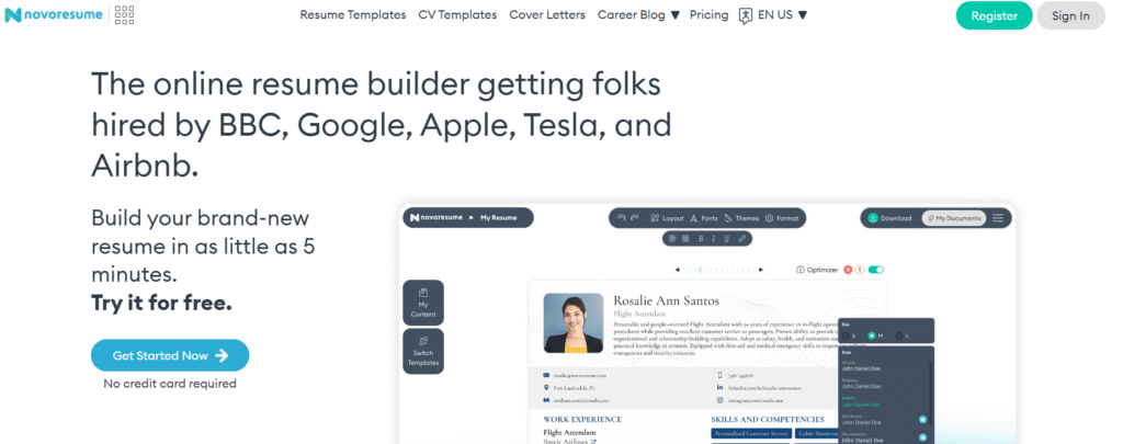 Novoresume page promoting its resume builder with the line “The online resume builder getting folks hired by BBC, Google, Apple, Tesla, and Airbnb.” A sample resume is displayed with editing options for layout, fonts, and themes.
