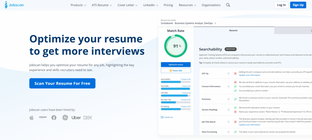 Website showing “Optimize your resume to get more interviews” with a blue button “Scan Your Resume For Free.” A sample resume scan result shows a 91% match rate and checklist of ATS readiness issues.
