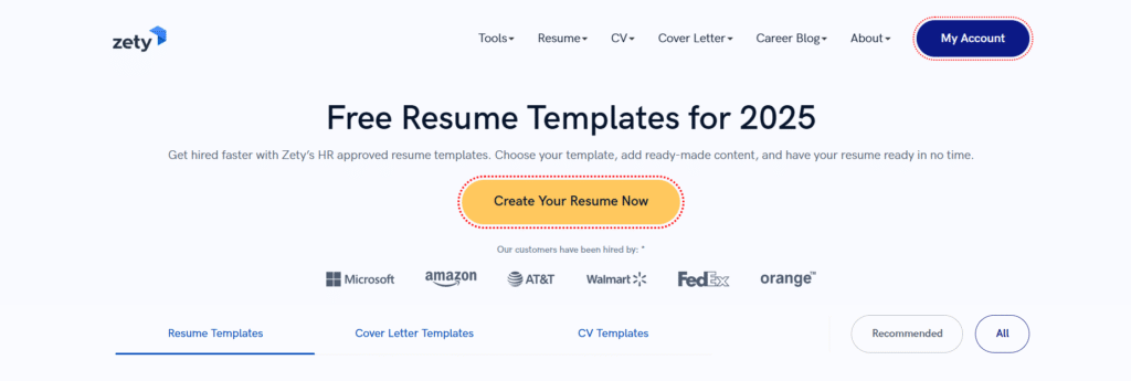 Website banner showing “Free Resume Templates for 2025” with a yellow “Create Your Resume Now” button. Logos of Microsoft, Amazon, AT&T, Walmart, FedEx, and Orange appear below.