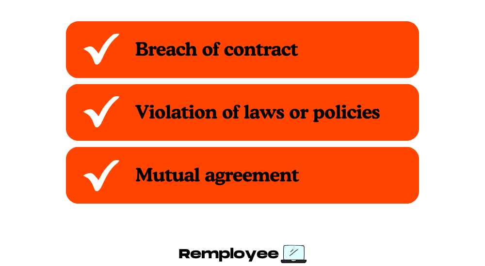 A red checklist showing when you can fire an independent contractor: breach of contract, violation of laws or policies, and mutual agreement.