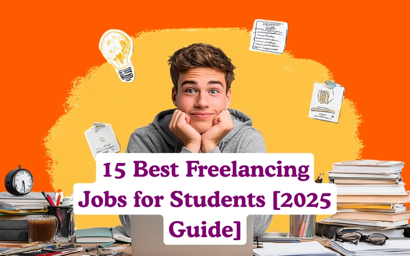 A thoughtful student sits surrounded by books and stationery, with bright drawings and notes around, and text reading “15 Best Freelancing Jobs for Students [2025 Guide]” on an orange background.