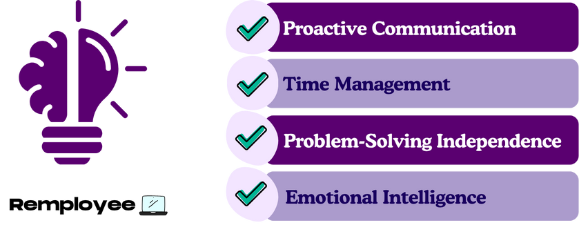 Critical Remote Soft Skills – Illustration of a brain and lightbulb icon with a list showing essential soft skills: proactive communication, time management, problem-solving independence, and emotional intelligence.