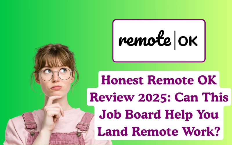 A woman in pink overalls thinks beside text reading “Honest Remote OK Review 2025: Can This Job Board Help You Land Remote Work?” with the Remote OK logo on a green gradient background.