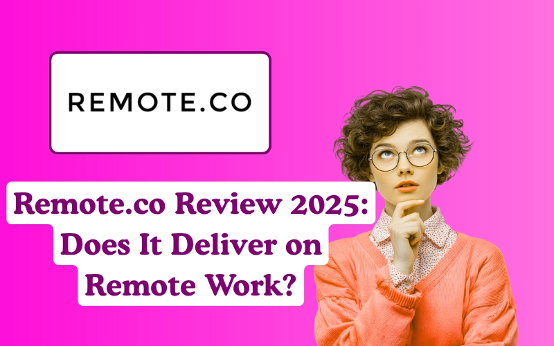 Remote.co Review 2025 – Graphic of a thoughtful person beside the text “Remote.co Review 2025: Does It Deliver on Remote Work?” with a pink background.