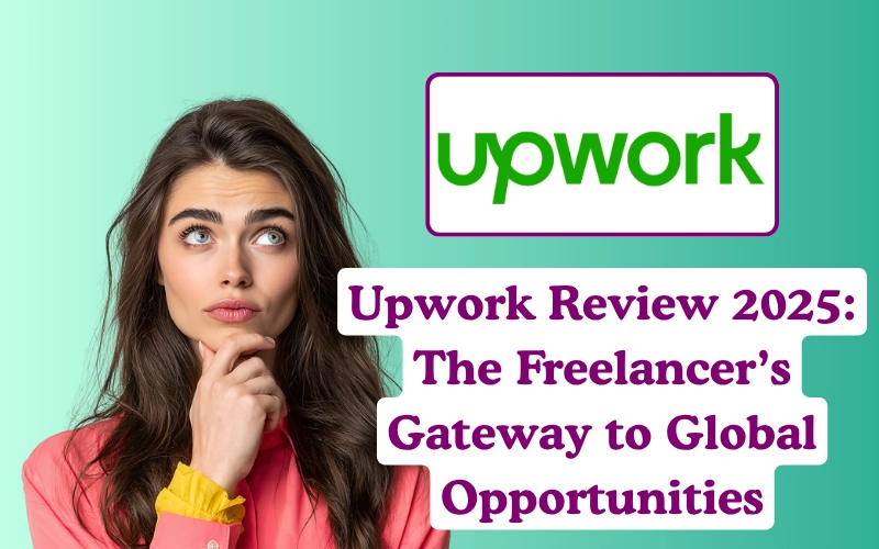 Image with a woman thinking beside the Upwork logo and title “Upwork Review 2025: The Freelancer’s Gateway to Global Opportunities” on a green background.