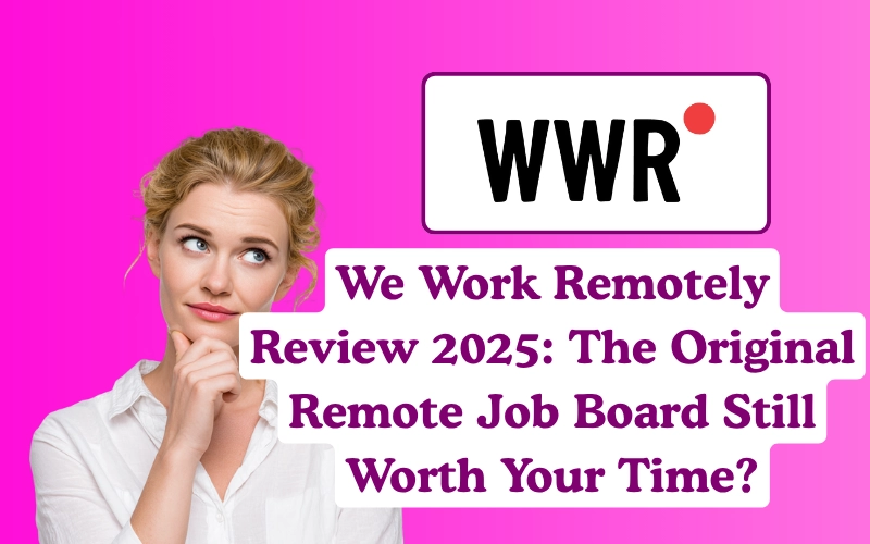 Image of a woman thinking beside text: “We Work Remotely Review 2025: The Original Remote Job Board Still Worth Your Time?” on a pink background.