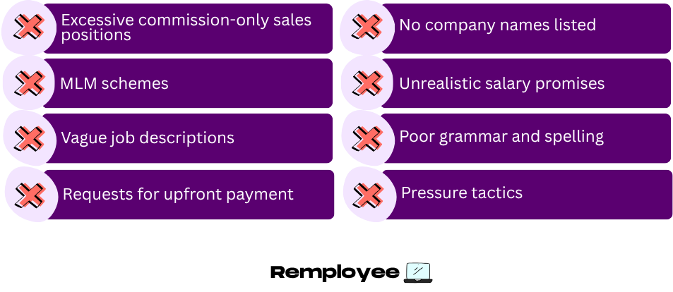 Job boards red flags — A chart listing warning signs of bad job boards, including vague descriptions, MLM schemes, unrealistic salaries, poor grammar, and requests for payment.