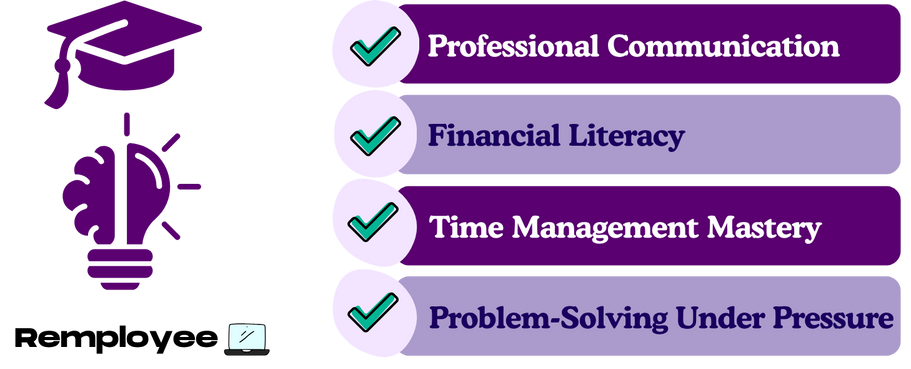 Infographic showing “Skills You’ll Develop by Freelancing as a Student,” listing communication, financial literacy, time management, and problem-solving, with check marks and icons in purple.