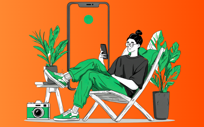 ChatGPT said: Illustration of a relaxed remote worker in a chair, using a smartphone, surrounded by plants and a camera, with a giant phone screen behind them on an orange background.